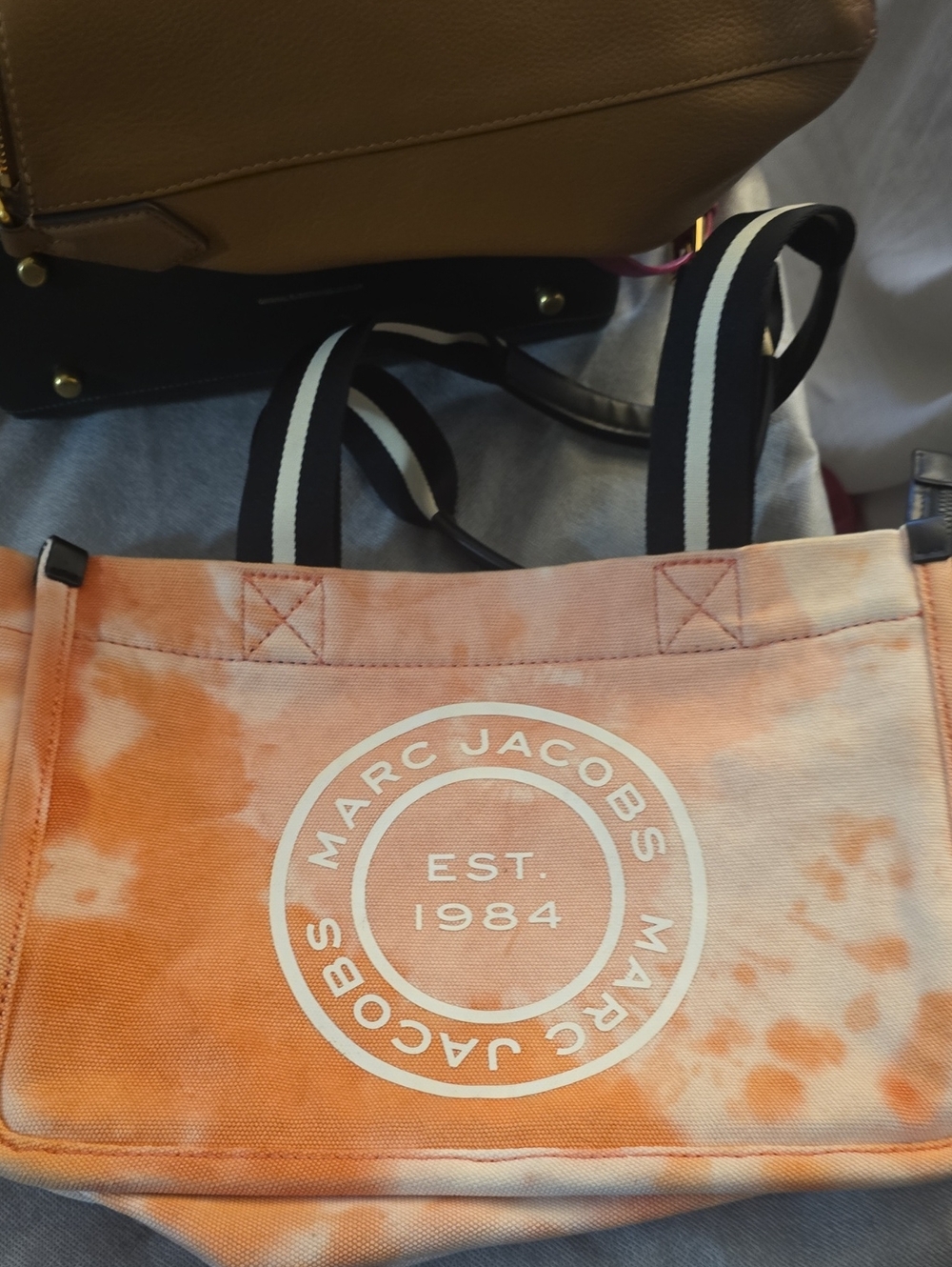 MARC JACOBS Orange Tie-Dye Canvas Logo Tote with Striped Straps